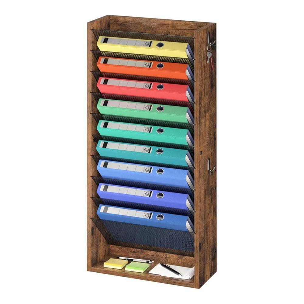 Brown Magazine Rack 13.2 in. x 5.5 in. 11 Tier Wood Brown Wall Magazine Rack with 4-Hooks ...
