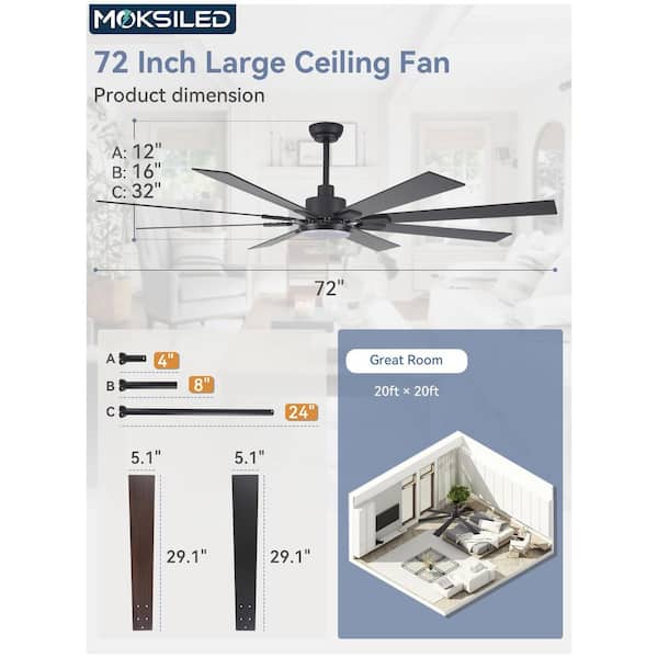 72 in. Indoor/Outdoor Matte Black 3-Colors LED 6-Speeds Ceiling Fan with Dual-Finish Blades and Light and Remote