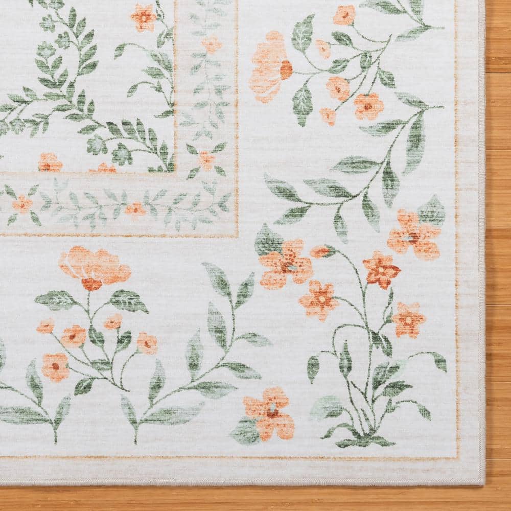Ivory and Green Floral Synthetic Rectangular Area Rug 2-Pack