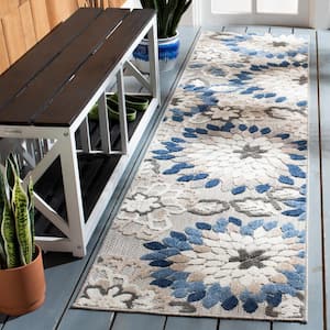 Cabana Gray/Blue 2 ft. x 9 ft. Floral Abstract Indoor/Outdoor Patio  Runner Rug