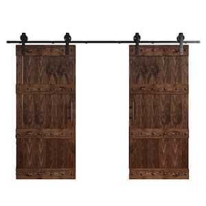 72 in. x 84 in. Castle Series Embossing Dark Walnut Knotty Wood Double Sliding Barn Door with Hardware Kit