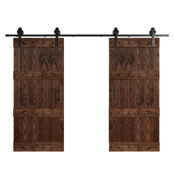 COAST SEQUOIA INC 72 in. x 84 in. Castle Series Embossing Dark Walnut Knotty Wood Double Sliding Barn Door with Hardware Kit