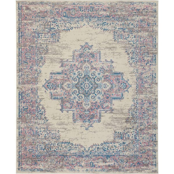 Nourison Grafix Ivory/Pink 9 ft. x 12 ft. Persian Medallion Transitional Area Rug