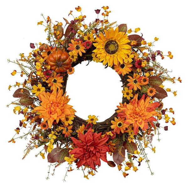 20 in Multicolor Artificial Fall Wreath with Sunflower, Daisy, Dahlia and Pumpkin for Seasonal Decor