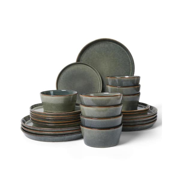 Green 12-Piece Wheat Handcrafted Reactive Glaze Stoneware Farmhouse Dinnerware Dish Set (Service for 8)