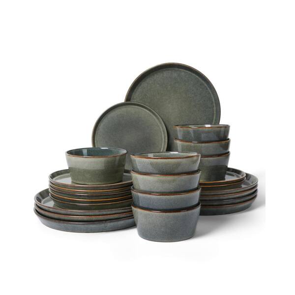 24-Piece Green Wheat Handcrafted Reactive Glaze Stoneware Farmhouse Dinnerware Dish Set (Service for 8)