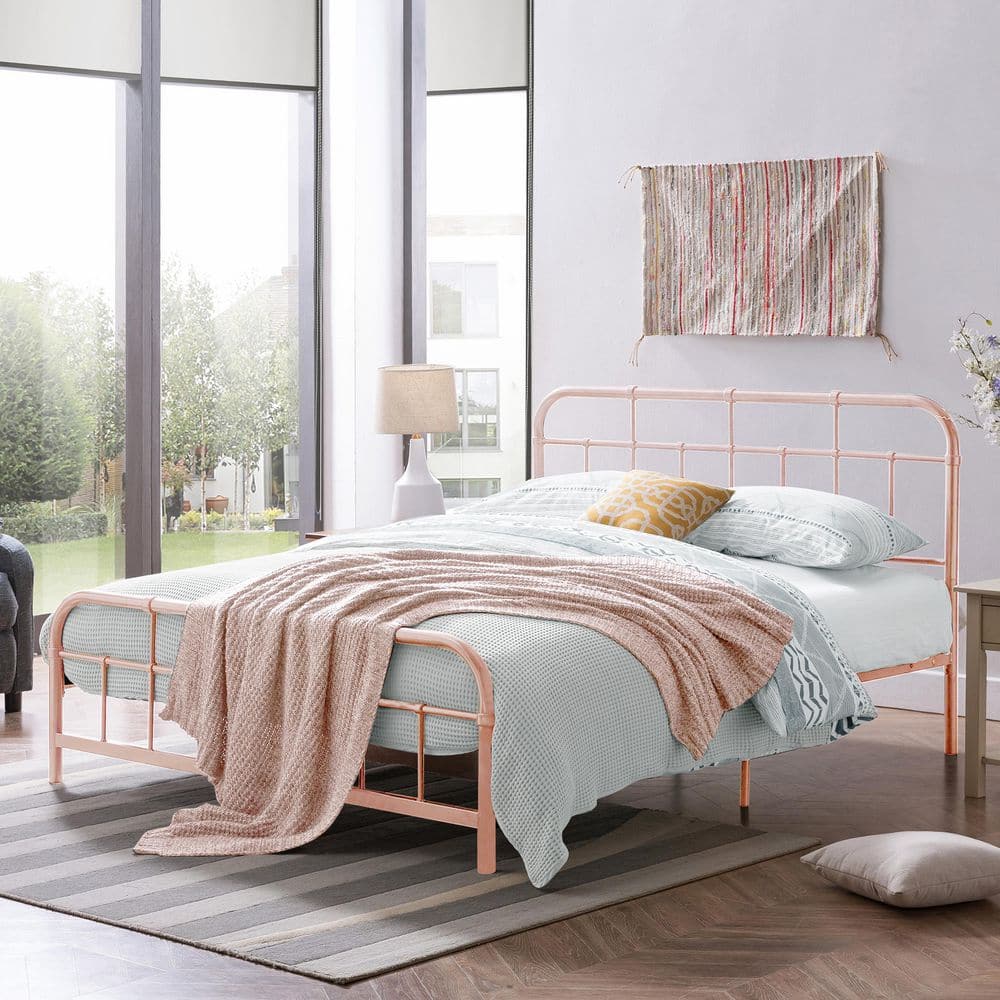 Christopher Knight Home Sabine Industrial Iron Platform Bed Frame with Rounded Corner Headboard and Footboard, Queen, Pink, image size:1000x1000