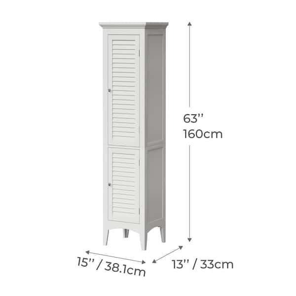 Simon 15 in. W x 63 in. H x 13-1/4 in. D Bathroom Linen Storage Floor Cabinet with 2-Shutter Doors in White Simon 15 in. W x 63 in. H x 13-1/4 in. D Bathroom Linen Storage Floor Cabinet with 2-Shutter Doors in White