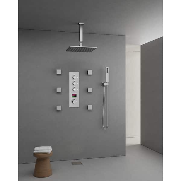 Thermostatic 7-Spray Ceiling Mount 12 in. Square Shower Head with 3-color LED and Valve in Brushed Nickel