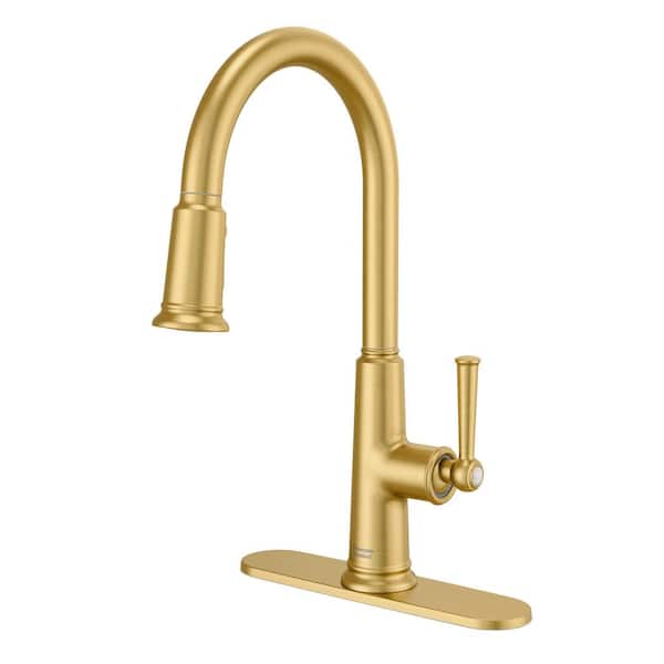 Highgrove 17 in. Single Handle Pull Down Sprayer Kitchen Faucet with 360° Spout in Brushed Gold