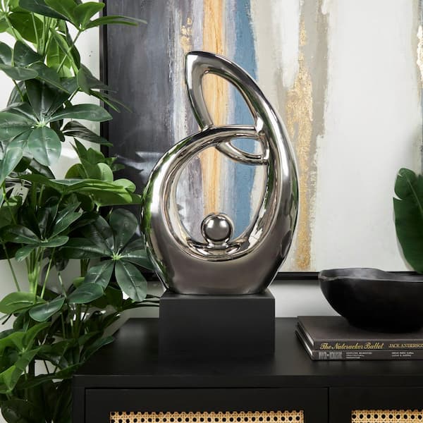 Litton Lane 25 in. Silver Ceramic Looped Abstract Sculpture with Black Block Base