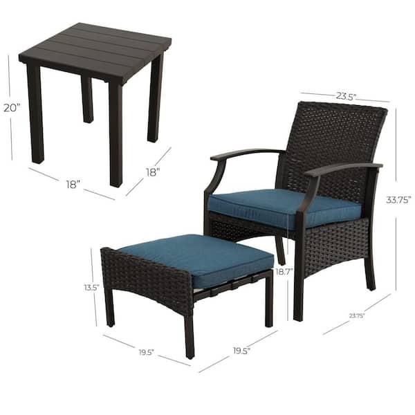 5-Piece Wicker Patio Conversation Set Dining Chair and Side Table Set With Blue Cushions and Foot Rest