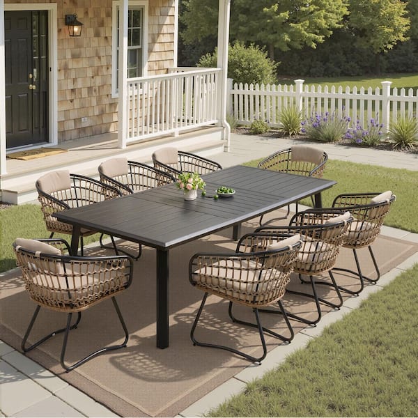 9-Piece Aluminum Outdoor Patio Dining Set, 93.9 in. Table and 8-Metal Rattan Chairs with Beige Cushions