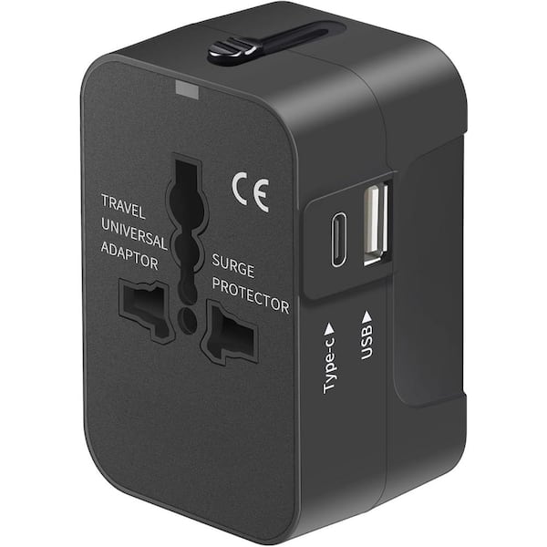 2.3 Amp Universal Travel Plug Adapter ith Dual USB Charging Ports (1 USB C) in Black
