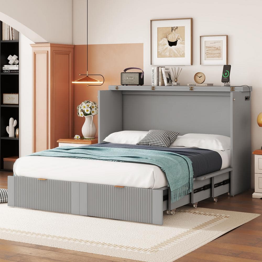 Gray Wood Frame Full Size Murphy Bed with drawers, USB Ports and Sockets, Pulley Structure Design -  Harper & Bright Designs, QMY296AAE-F