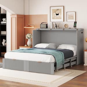 Gray Wood Frame Full Size Murphy Bed with drawers, USB Ports and Sockets, Pulley Structure Design