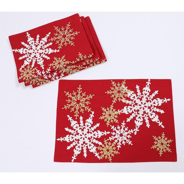 14 in. x 20 in. Red Magical Snowflakes Crewel Embroidered Christmas Placemats (Set of 4), Polyester