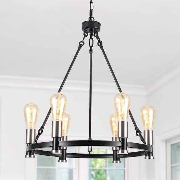 LWYTJO Toriona 6-Light Black/Nickel Dimmable Wagon Wheel Chandelier Kitchen Island Farmhouse Metal Adjustable Height Pendant