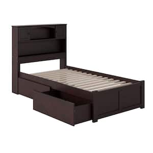 Newport Espresso Twin Solid Wood Storage Platform Bed with Flat Panel Foot Board and 2 Bed Drawers