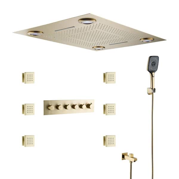 Boyel Living 3-Spray Thermostatic Dual Shower Head Ceiling Mount Fixed and Handheld Shower Head 2.5GPM with Jet Spray in Brushed Gold