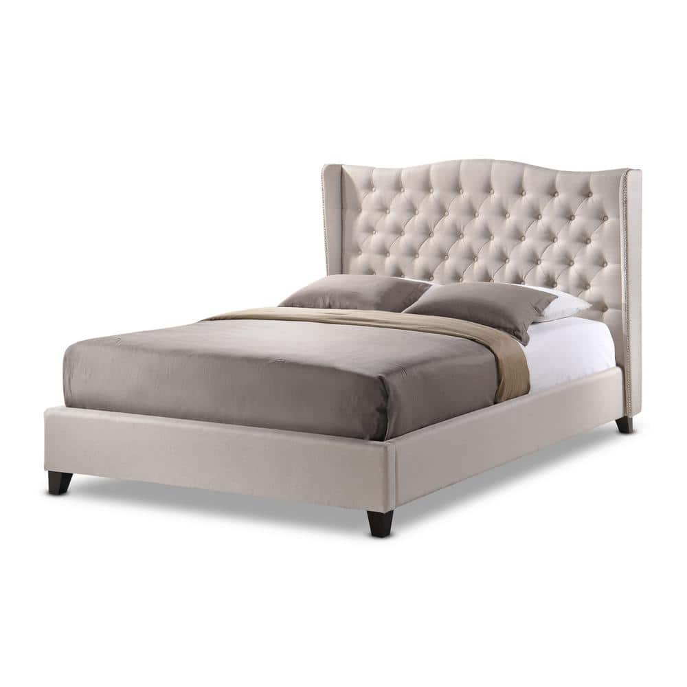 King Light Beige Linen Tufted Upholstered Platform Bed