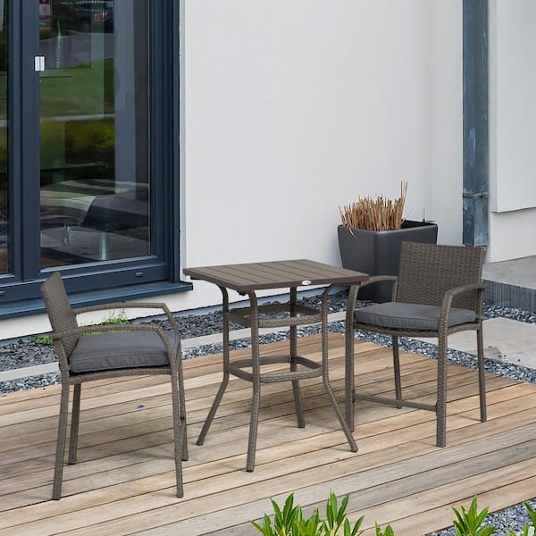 Unbranded 3-Piece Wicker Patio Outdoor Serving Bar Set of Wood Grain Top Table and 2-Stools, with Gray Removable Cushions
