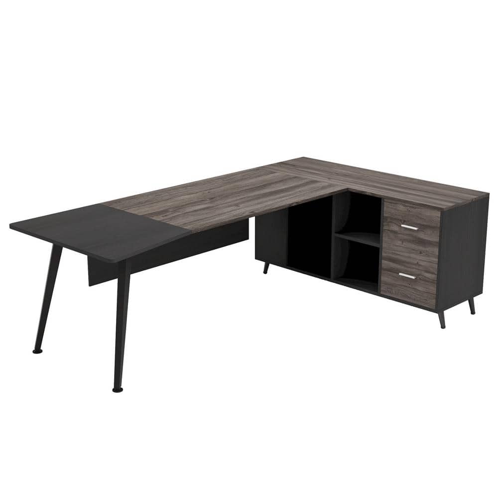 BYBLIGHT Capen 87 in. L Shaped Gray Engineered Wood 2 Drawer Executive