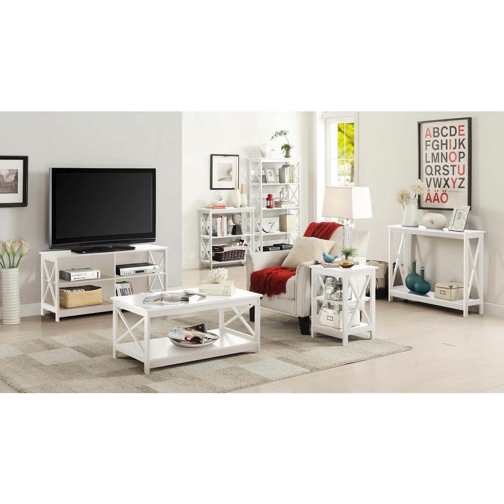 Coastal Farmhouse Chic White Square Wood End Table with Shelves