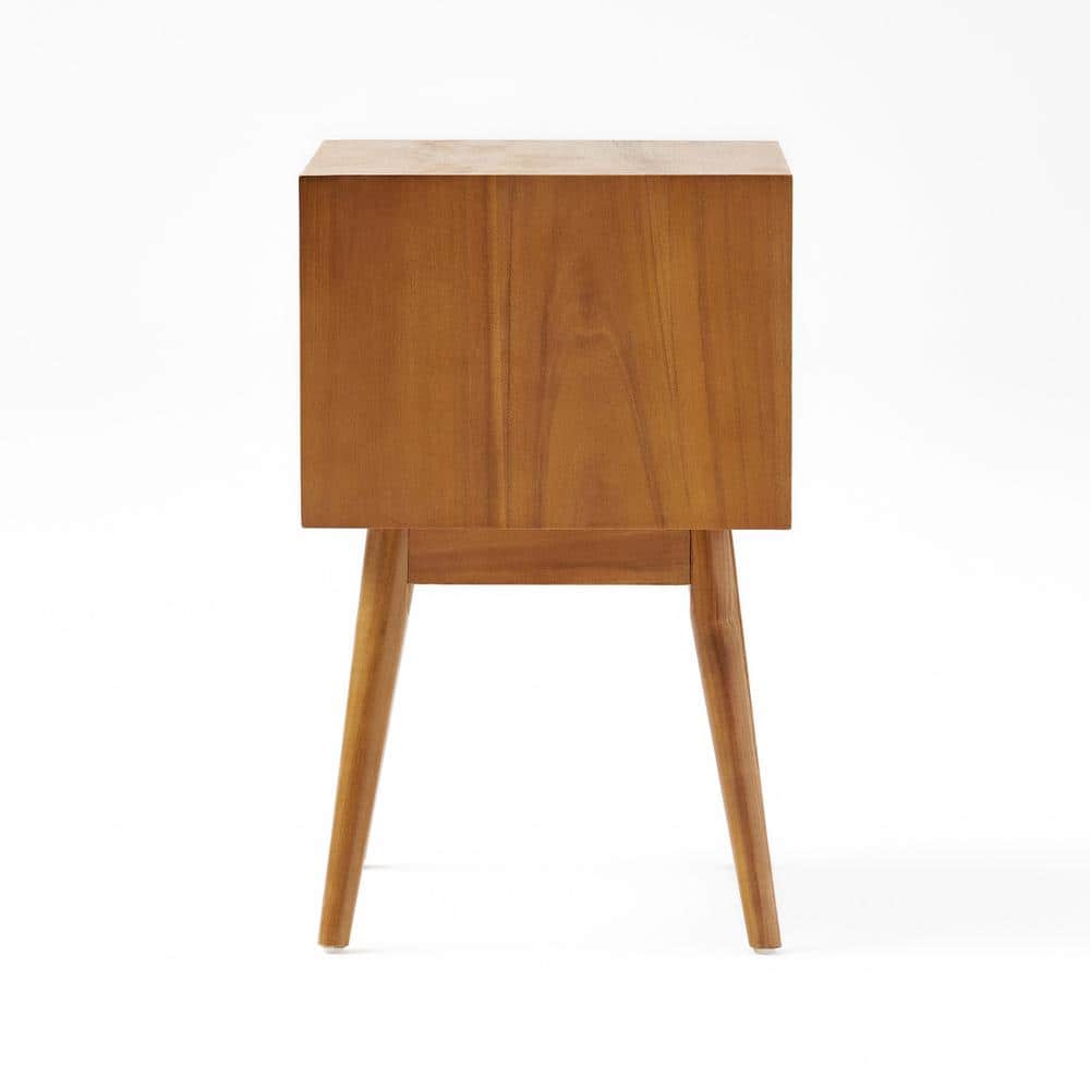Natural Brown Acacia Wood Mid-Century Nightstand with Two Drawers