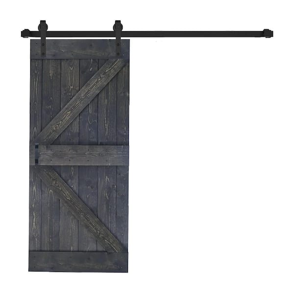ISLIFE K Style 38 in. x 84 in. Carbon Gray Finished Soild Wood Sliding Barn Door with Hardware Kit - Assembly Needed