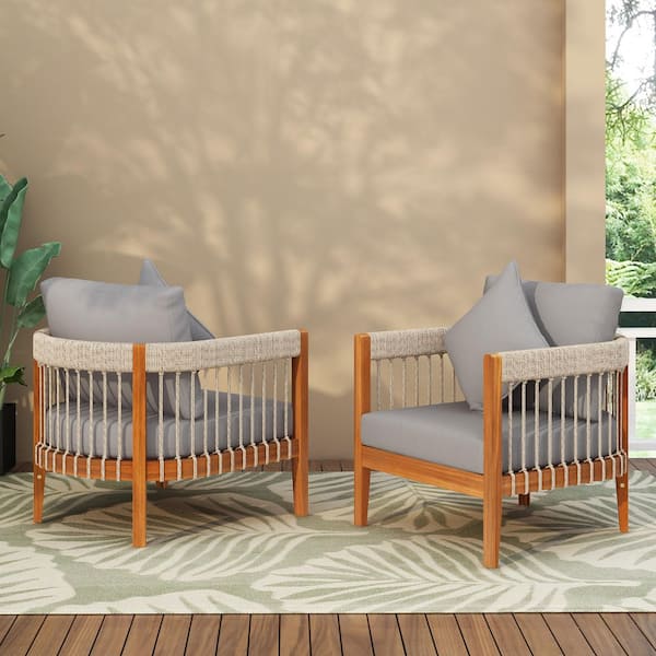 Natural Acacia Wood Outdoor Patio Lounge Chair with Handwoven Rope Accents & Gray Cushion (2-Pack)