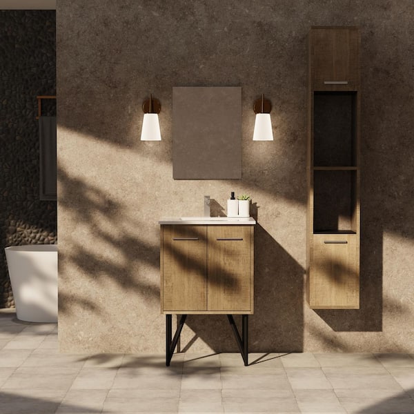 Lancy 24 in W x 20 in D Rustic Acacia Bath Vanity, White Quartz Top and Gun Metal Faucet Set