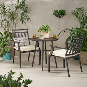 3-Piece Black Metal Iron Outdoor Bistro Set with Beige Cushions