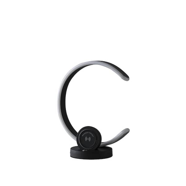 ORE International 13.25 in. Modern C Shape LED with USB/Wireless Charger Port and Touch Dimmer Black Table Lamp