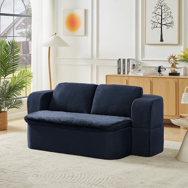 Pamela 74.8 in Square Arm Fabric Upholstery Rectangle Sofa Bed in Dark Blue