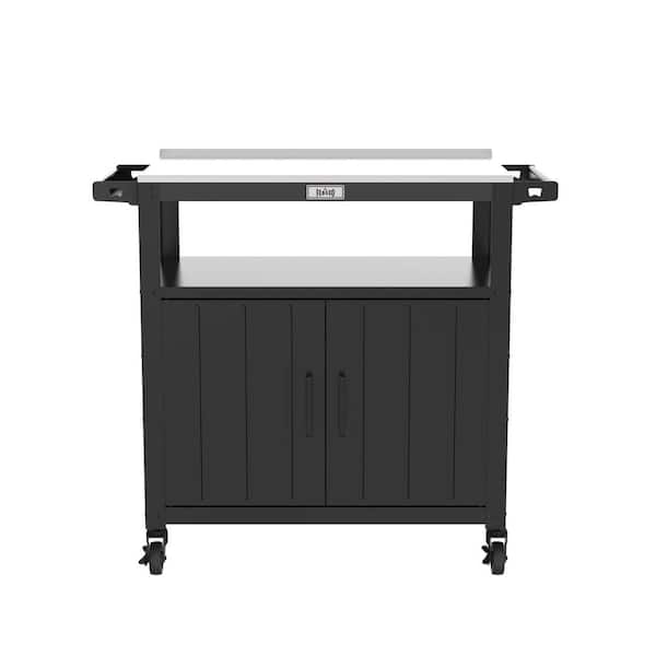 Outdoor Movable Grill Cart with Stainless Steel Tabletop and Storage Cabinet in Black