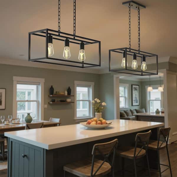 3-Light Matte Black Farmhouse Kitchen Island Lighting, Modern Rectangular Chandeliers for Dining room Foyer