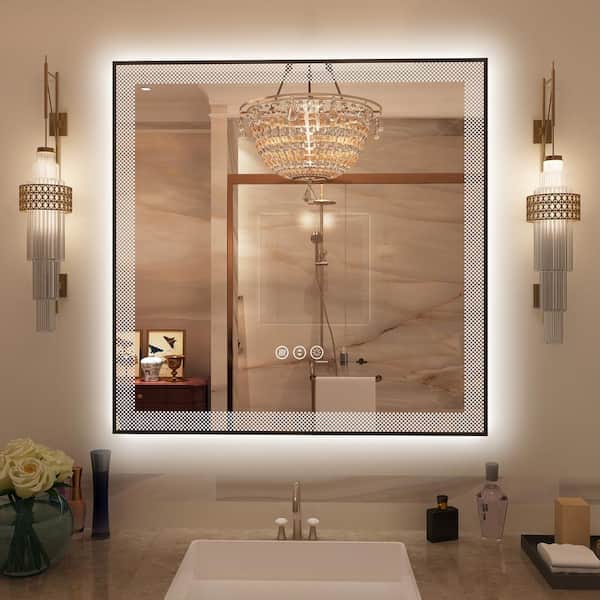Apmir 38 in. W x 38 in. H Square Framed Checkerboard LED Lighted Anti-Fog Tempered Glass Wall Bathroom Vanity Mirror