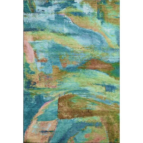 Mayfield Premium Machine Washable Abstract AMF2040 Teal 10 ft. x 14 ft. Area Rug