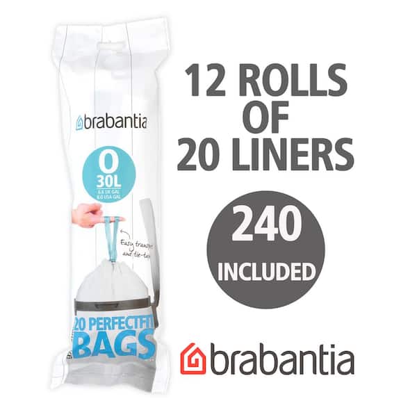 Brabantia PerfectFit Trash Bags (Size G/6-8 Gal) Thick Plastic Trash Can  Liners with Drawstring Handles (120 Bags)