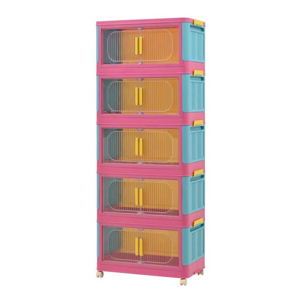 5 Tiers Kitchen Pantry, Folding Storage Cabinet, Collapsible Storage Bins with Magnetic Door and Wheels in Blue+Pink