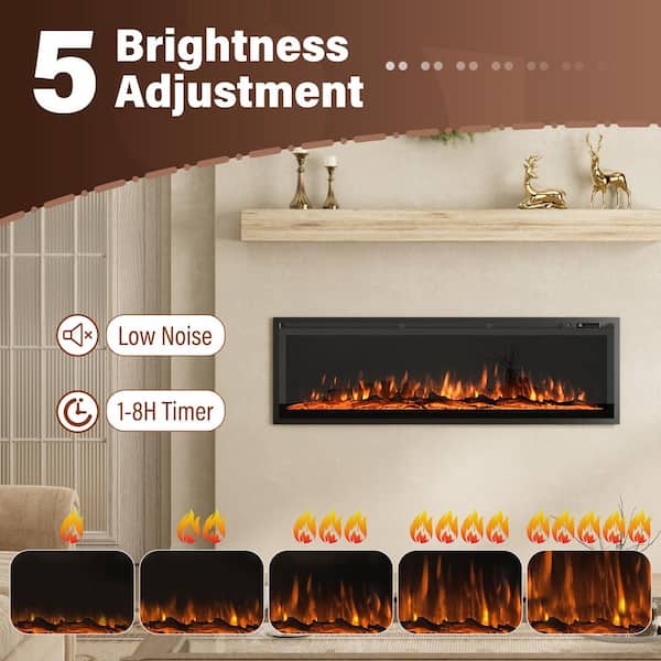 60 in. 400 sq. ft. Wall-Mount/Recessed LED Electric Fireplace Insert with Remote Control, Adjustable Heating