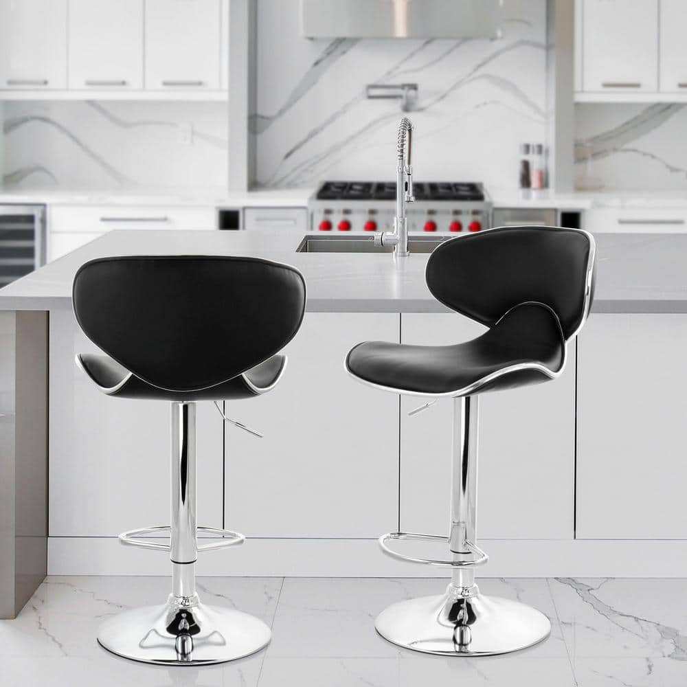 35 in Black and Chrome Curved Back Faux Leather Bar Stool with Adjustable H