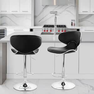 35 in Black and Chrome Curved Back Faux Leather Bar Stool with Adjustable Height (Set of 2)