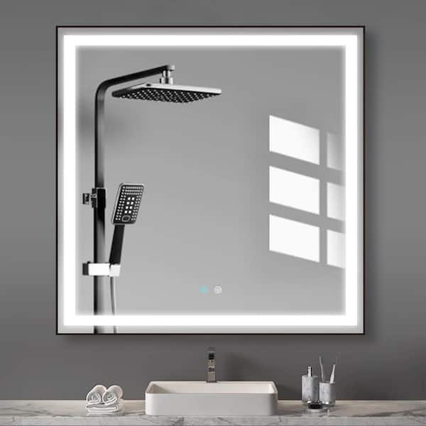 FAMYYT 36 in. W x 36 in. H Square Metal Framed Anti-Fog Dimmable LED Light Wall Bathroom Vanity Mirror in Black
