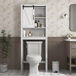 Over-the-Toilet Storage Cabinet 27 in. W x 9 in. D x 67 in. H Bathroom Storage Wall Cabinet in White Sliding Barn Door