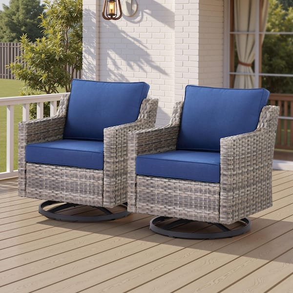Hort Gray Patio Swivel Wicker Outdoor Rocking Chairs Lounge Chair with Blue Cushions and Glide Function (2-Pack)