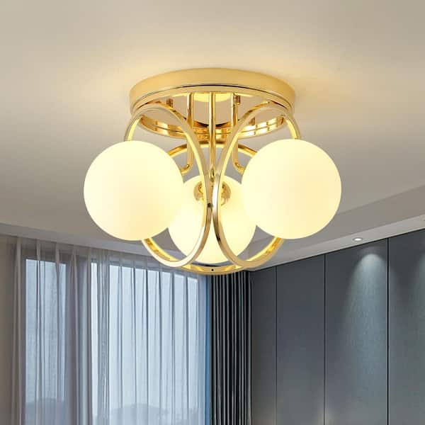 11.81 in. 3-Light Gold Farmhouse Semi-Flush Mount Ceiling Light with Frosted Glass Shade
