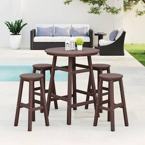 Laguna 5-Piece Bar Height HDPE Plastic Outdoor Patio Round High Top Bistro Dining Set in Dark Brown