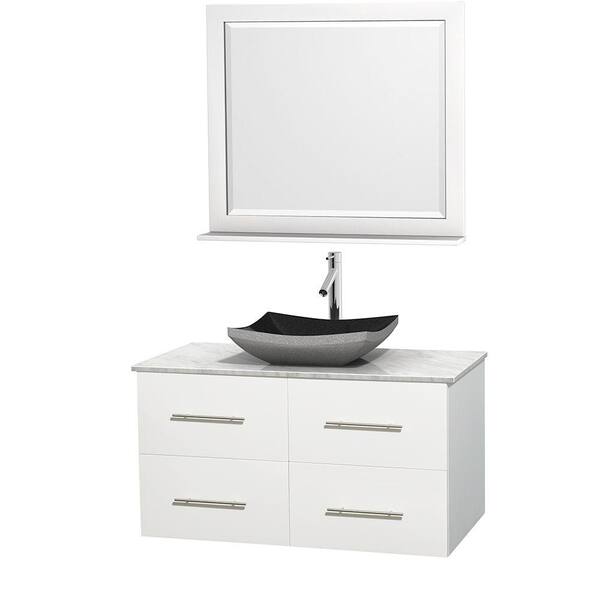 Wyndham Collection Centra 42 in. Vanity in White with Marble Vanity Top in Carrara White, Black Granite Sink and 36 in. Mirror